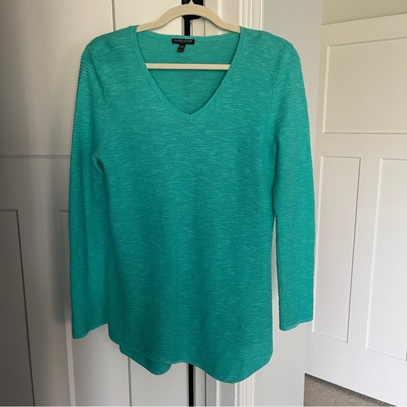 Eileen Fisher Ribbed Teal Long Sleeve Top Linen Cotton Stretch Sweater Tunic - Picture 3 of 6